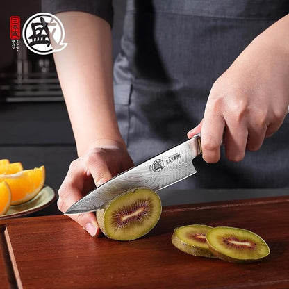 MITSUMOTO SAKARI 5.6-Inch Japanese Paring Knife, Hand Forged Damascus VG-Pro Steel Core Petty Knife, Precision Peeling & Detail Cutting for Fruits & Veg