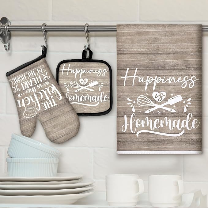 Sratte 6 Pcs Kitchen Decor Accessories Set Farmhouse Towels Pot Holders Oven Mitts Set 2 Dish Towels 2 Potholders 2 Cooking Mittens Oven Glove for Christmas Baking Cooking(Brown Wood Grain)