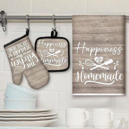 Sratte 6 Pcs Kitchen Decor Accessories Set Farmhouse Towels Pot Holders Oven Mitts Set 2 Dish Towels 2 Potholders 2 Cooking Mittens Oven Glove for Christmas Baking Cooking(Brown Wood Grain)