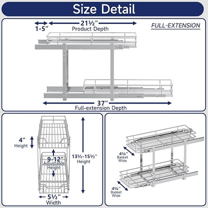 2-Tier Pull Out Cabinet Organizer, 5.5" W x 21.5" D, Heavy Duty Dual Slide Out Shelves for Narrow Base Cabinets, Chrome Wire Basket Drawer for Spices, Bottles & Snacks