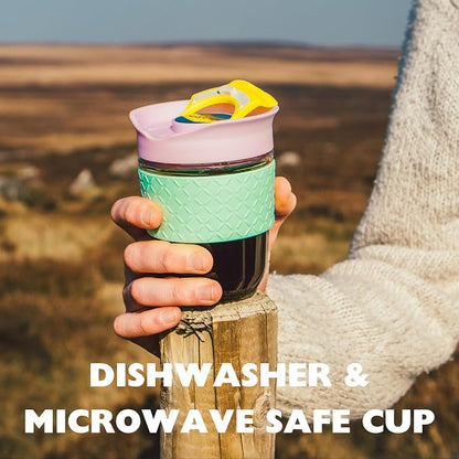 Reusable Strengthened Glass Travel Cup - Spill Proof Coffee Mug - 12oz/340ml BPA-Free Hot Drink Travel Mug with Lid & Silicone Band (Blue, 12oz)