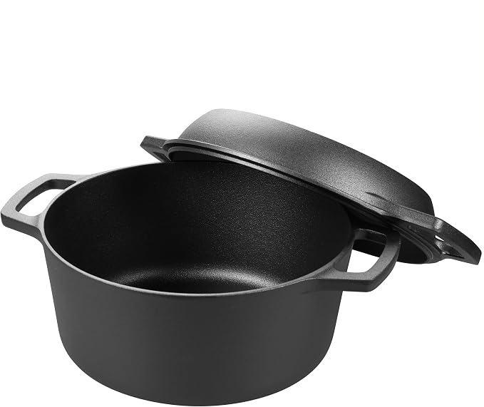 VORRINGARD Pre-seasoned Cast Iron Double Dutch Oven Pot with Skillet Lid, Dual-handle, for Bread Baking, Outdoor, Campfire Cooking, 5 Quart