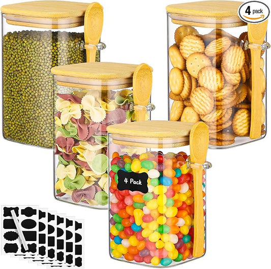 Glass Storage Jars with Airtight Lid - 4 Pack 37 Fl.oz Square Glass Jars with Bamboo Lids and Spoon, Includes Labels and Marker, Large Kitchen Canisters for Cereal, Flour, Sugar Coffee Container