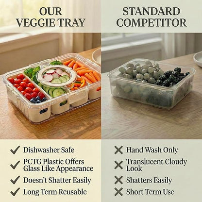 [Dishwasher Safe] Salad Bar Containers for Fridge, Veggie Containers for Refrigerator, Salad Prep Containers for Fridge, Veggie Tray with Lid, Storage & Organizer for Fruit, Berry, Produce Keeper