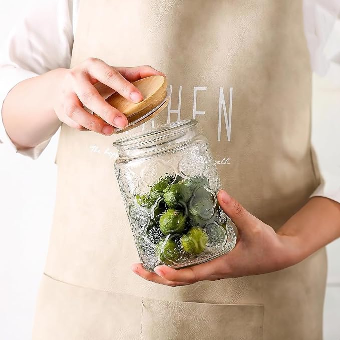 Custde Glass Storage Jars With Airtight Lid, 23.7oz Canister For Kitchen Counter with Bamboo Lid, brown sugar, candy, coffee, cookie, salt, tea,pantry cute Jar (Begonia Flowers*2)