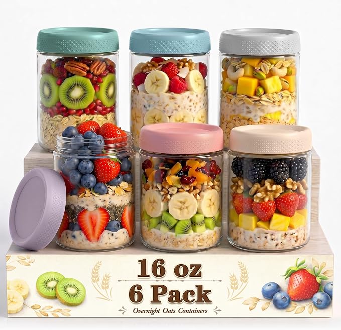 6 Pack Overnight Oats Containers with Lids, 16oz Wide Mouth Mason Jars, Glass Mason Jars with Airtight Lids, Sugar Bowls, Overnight Oats Jars for Yogurt, Meal Prep, Chia Pudding