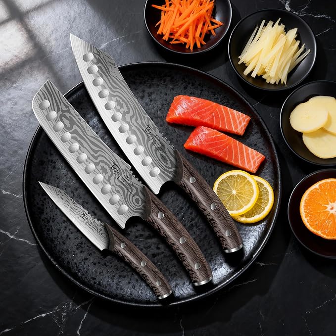 SYOKAMI Kitchen Knife Set, 3-Piece Japanese Style Chef Knives Set (8.2" Kiritsuke, 7.2" Nakiri, 4" Paring) for Precision Cutting, Damascus Pattern, Ergonomic Full Tang Wooden Handle, Cooking Gifts