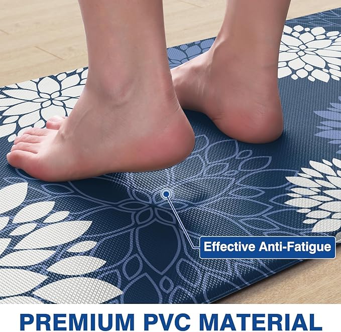 Kitchen Mats, 2PCS Non-Slip Cushioned Rugs, Anti-Fatigue Waterproof Floor Rug, Washable Standing Desk Mat, Home Laundry Office Apartment Decor and Accessories (17.3" ×47" +17.3" ×30"-Blue)