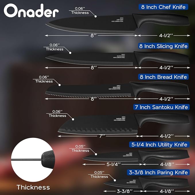 Onader Black Kitchen Knife Set, Stainless Steel Sharp Small Knives Set with Covers for Kitchen, 12 Pieces