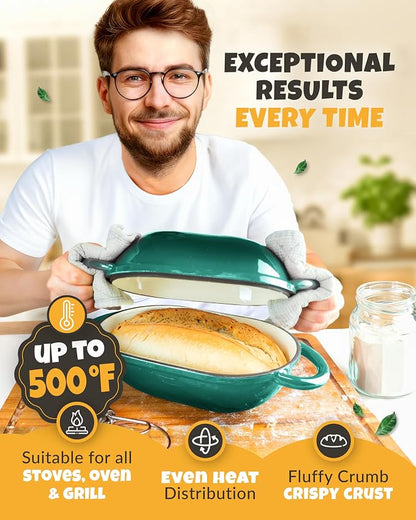 CRUSTLOVE Loaf Pan for Bread Baking - incl. Sourdough Bread-Baking Supplies like Banneton Bread-Proofing Basket - 2QT Enameled Oval Cast Iron Dutch Oven, Bread-Oven, Sour Dough Bread-Banking-Pan Tools