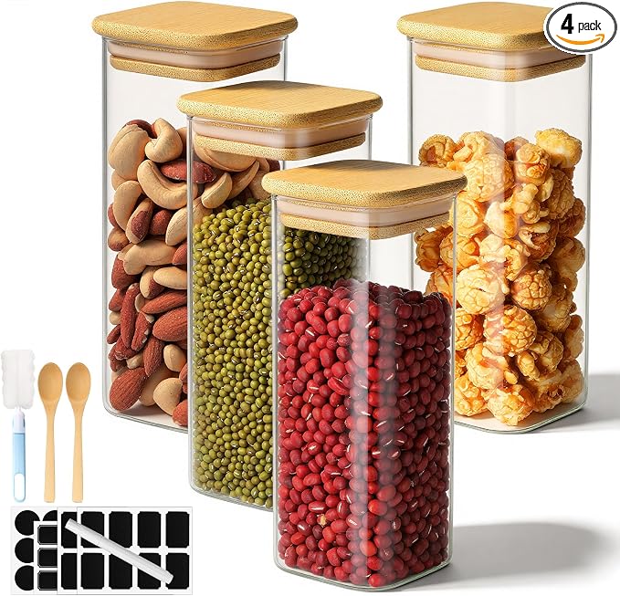 Glass Jars with Lids, 4 Pack 13 Fl.oz Square Glass Storage Jars with Bamboo Lids, Spice Canister Kitchen Pantry Containers for Sugar, Coffee Beans, Tea - Included Labels, Spoon and Marker