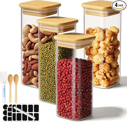 Glass Jars with Lids, 4 Pack 13 Fl.oz Square Glass Storage Jars with Bamboo Lids, Spice Canister Kitchen Pantry Containers for Sugar, Coffee Beans, Tea - Included Labels, Spoon and Marker
