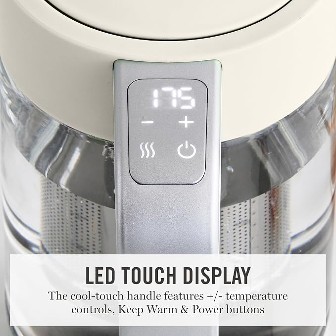 Martha Stewart Electric Kettle with Removable Stainless Steel Tea Infuser, Glass Carafe 1.7L (7 Cups), Hot Water Boiler, 4 Presets, Keep Warm & Auto Shut-Off, Cordless 360° Swivel Base, Linen Cream