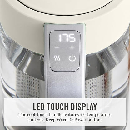 Martha Stewart Electric Kettle with Removable Stainless Steel Tea Infuser, Glass Carafe 1.7L (7 Cups), Hot Water Boiler, 4 Presets, Keep Warm & Auto Shut-Off, Cordless 360° Swivel Base, Linen Cream