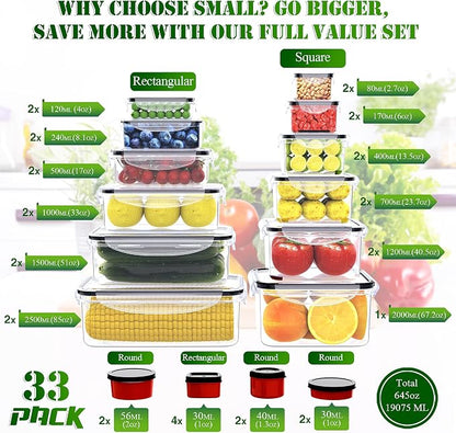 RockBerry 33 Containers with Large Food Storage Containers with Lids Airtight- Stackable Kitchen Bowls Set, Small Box-BPA Free Leak proof Plastic Boxes-Microwave safe