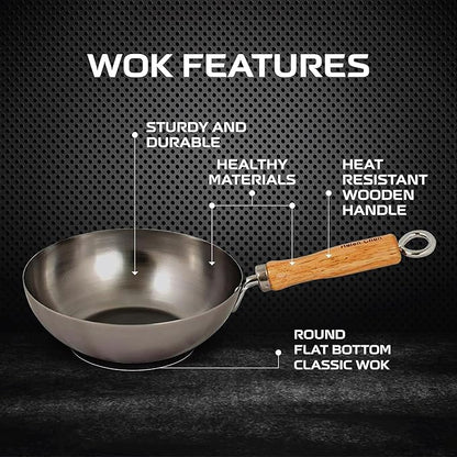 Helen's Asian Kitchen Carbon Steel Mini Wok, 8-Inch, Flat Bottom Chinese Stir Fry Pan With Rubberwood Handle For Single-Serve Stir Fry, Fried Rice, Noodles, And Asian Cooking