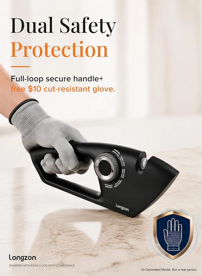 Longzon 6-in-1 Knife Sharpener 5 Stage with Cut-Resistant Glove, Manual Kitchen Tool for Scissors, Straight & Serrated Knives, Quickly Sharpens Restores & Polishes Dull Blades Safe for Home Kitchen