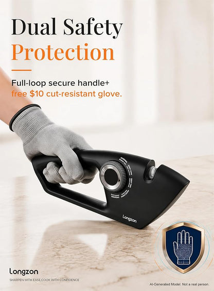 Longzon 6-in-1 Knife Sharpener 5 Stage with Cut-Resistant Glove, Manual Kitchen Tool for Scissors, Straight & Serrated Knives, Quickly Sharpens Restores & Polishes Dull Blades Safe for Home Kitchen