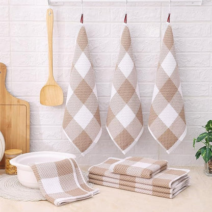 Homaxy Kitchen Towels and Dishcloths Set, 12 x 12 and 13 x 28 Inches, Set of 16 100% Cotton Waffle Weave Check Plaid Kitchen Dish Towels, Super Soft and Absorbent Dish Cloths, White & Khaki