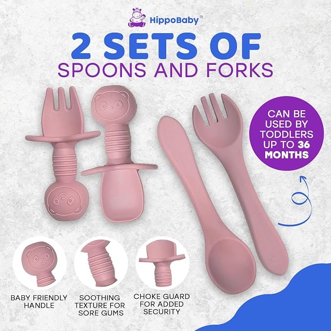 HippoBaby Baby Led Weaning Supplies |10 Piece Silicone Baby Feeding Set, Baby Toddler Bib Cup Divided Plate and Bowl Self Feeding Spoons Dish Set | Baby Utensils,Toddler Feeding Supplies (Rose Quartz)