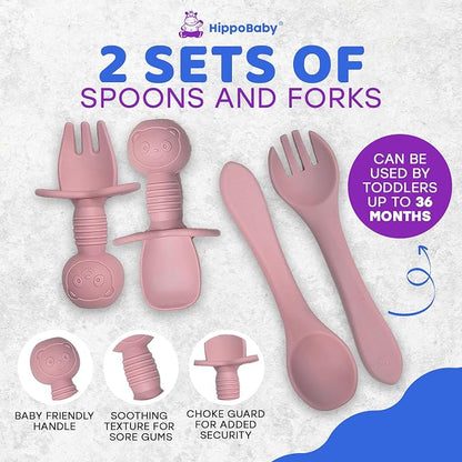 HippoBaby Baby Led Weaning Supplies |10 Piece Silicone Baby Feeding Set, Baby Toddler Bib Cup Divided Plate and Bowl Self Feeding Spoons Dish Set | Baby Utensils,Toddler Feeding Supplies (Rose Quartz)