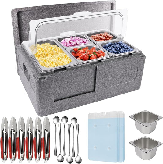 Pizza Topping Station 7 Pans Salad Bar Buffet Station Insulated Cold Food Buffet Server with Ice Packs Lids Buffet Containers Set Platter Box for Party Buffet Keeping Food Cold