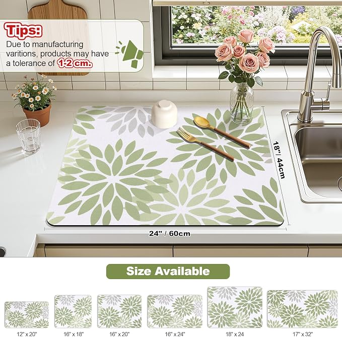 Findosom Floral Dish Drying Mat, 18" x 24" Super Absorbent & Hide Stain Coffee Mat, Cuttable Drying Mat for Kitchen Counter, Under Dish Rack, Coffee Maker, Espresso Machine, Sage Green