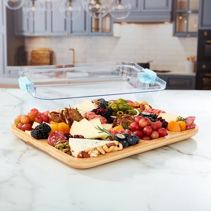 Farberware Build-A-Board Bamboo Cutting Board with Built-in Compartments and Clear Locking Lid with Blue Handles, Perfect for Charcuterie, Snacks, and More