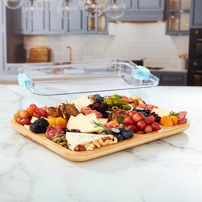 Farberware Build-A-Board Bamboo Cutting Board with Built-in Compartments and Clear Locking Lid with Blue Handles, Perfect for Charcuterie, Snacks, and More