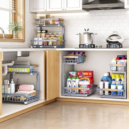 PXRACK Under Sink Organizer, Adjustable Height, 2 Tier Pull Out Under Cabinet Organizer, Slide Out Thickened Metal Under Sink Storage for Kitchen Bathroom Laundry Pantry Cabinet, Grey, Large-1-Pack