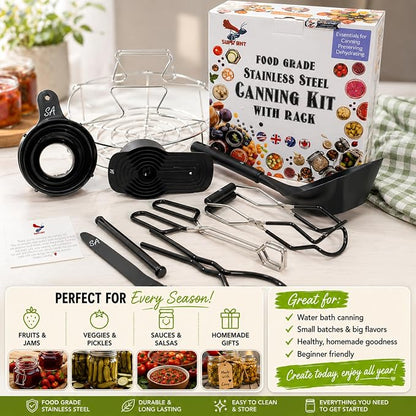 Supa Ant Complete Canning Supplies Starter Kit – 10pc Food-Grade Steel Set with XL Ladle, 6 Measuring Cups, Jar Lifter, Funnel, Canning Rack (7-Jar Capacity) & 90 Labels – Beginner-Friendly, Black