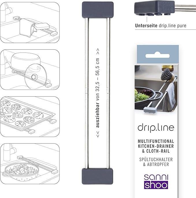 Sanni Shoo drip.line Pure Anthracite - Versatile and Adjustable Kitchen Rack Drip Tray for Dishcloths, Brushes, and Bottles - Hygienic Storage - Made of Stainless Steel and Silicone