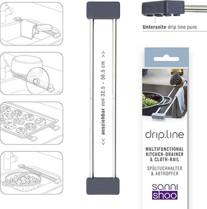 Sanni Shoo drip.line Pure Anthracite - Versatile and Adjustable Kitchen Rack Drip Tray for Dishcloths, Brushes, and Bottles - Hygienic Storage - Made of Stainless Steel and Silicone