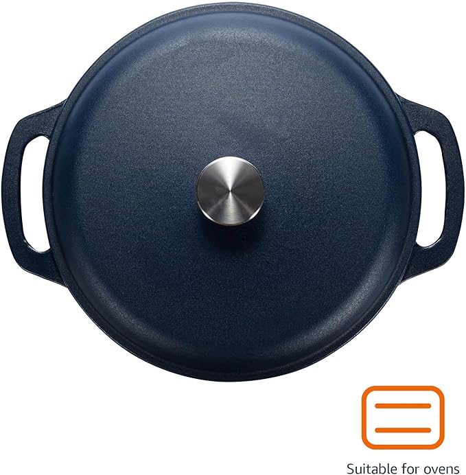 Amazon Basics Enameled Cast Iron Dutch Oven Pot with Lid, Round, Dual Handles, Heavy-Duty, Oven Safe for Stews, Roasting, Baking,6-Quart, Matte Navy