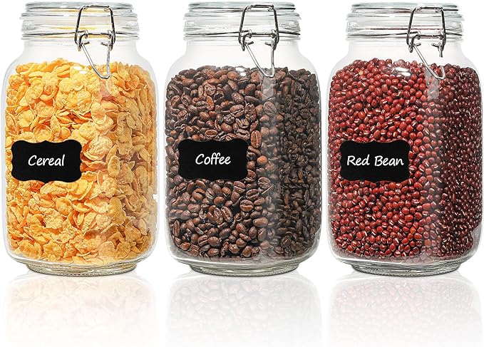 ComSaf Set of 3 Square Glass Jars with Airtight Lids (51 Oz) — Wire Clamp Canisters for Small-Batch Pickling, Kimchi, Bulk Dry Food, Wide Mouth Space Saving Kitchen Pantry Organization Jars