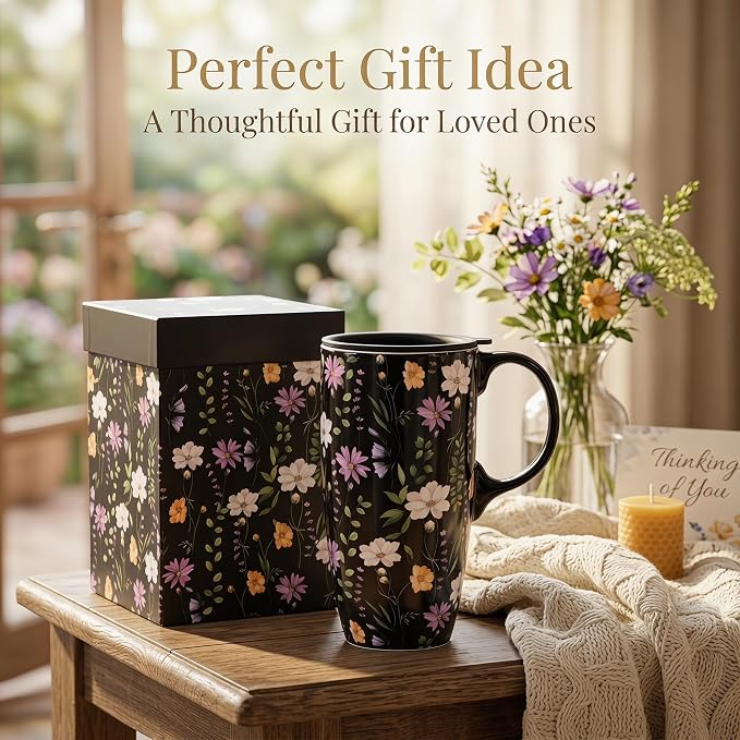 Topadorn 17oz Black Wildflower Ceramic Travel Mug with Lid, Dark Floral Coffee Cup, Microwave & Dishwasher Safe, Gift Box Included