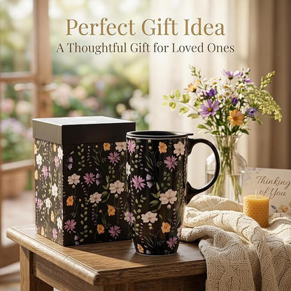Topadorn 17oz Black Wildflower Ceramic Travel Mug with Lid, Dark Floral Coffee Cup, Microwave & Dishwasher Safe, Gift Box Included