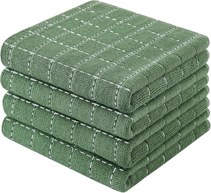 Mordimy 100% Cotton Terry Cloth Kitchen Towels, Super Soft and Absorbent Dish Towels for Drying, Checkered Designed Hand Towels for Kitchen, 13 x 28 Inches, 4 Pack, Grass Green