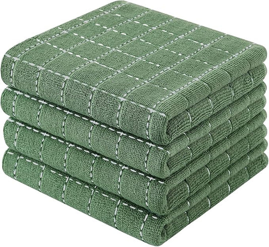 Mordimy 100% Cotton Terry Cloth Kitchen Towels, Super Soft and Absorbent Dish Towels for Drying, Checkered Designed Hand Towels for Kitchen, 13 x 28 Inches, 4 Pack, Grass Green