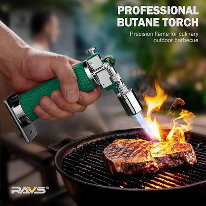 RAVS Butane Torch Lighter, Premium Metal Creme Brulee Torch with Adjustable Flame & Safety Buckle, Cooking Torch for Baking, BBQ, DIY, Green, Butane Gas Not Included