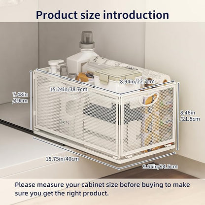 Pull Out Cabinet Organizer, No Drill Adhesive Sliding Drawers for Kitchen, Metal Mesh Wire Storage Shelf for Pantry & Under Sink, White (9.6" W x 15.7" D x 8.4" H)