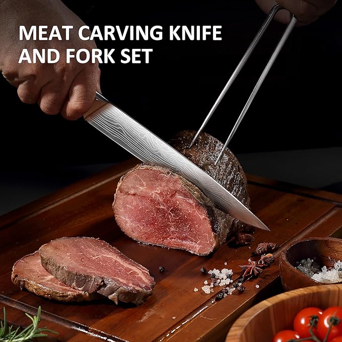 YOTSUBA Japanese Carving Knife and Fork Set, Razor-Sharp German Stainless Steel, Full Tang Ergonomic Rosewood Handle, Slicing Knife for Meats, BBQ & Brisket, Premium Gift