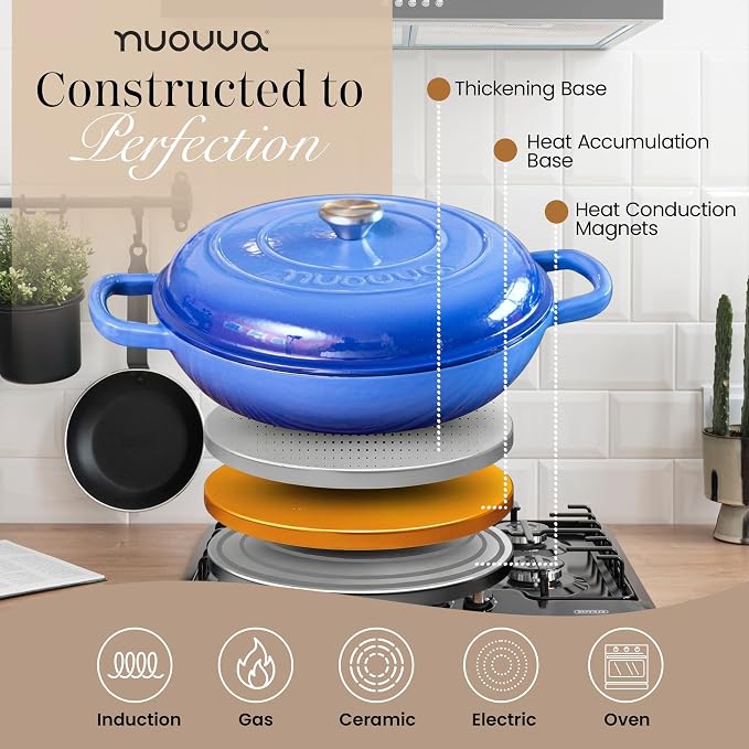 Shallow Cast Iron Casserole with Lid – Non Stick Dutch Oven Pot, Oven Safe up to 500° F – Sturdy Ovenproof Stockpot Cookware – Enamelled Cooking Pot – Dark Blue, 3.7-Quart, 30cm – by Nuovva