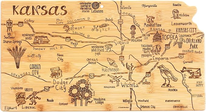 Totally Bamboo Destination Kansas State Shaped Serving and Cutting Board, Includes Hang Tie for Wall Display