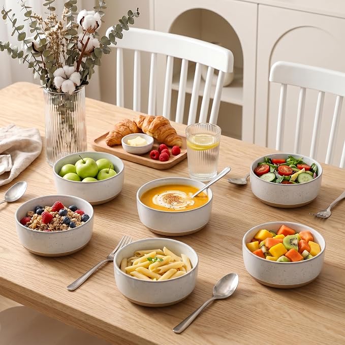 HASENSE Ceramic Cereal Bowls Set of 6, Bluish White Bowls Microwave Safe and Dishwasher Safe for Kitchen, 30 OZ Bowls for Soup, Salad and Oatmeal, 6 Inch Porcelain Dinner Bowls with Two-Tone Color