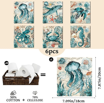 Blue Sea Swedish Dishcloths for Kitchen, 6 Pack Reusable Sea Animal Pattern Absorbent Dish Cloth, Fast Drying Cleaning Sponge Cloths for Kitchen Cooking Home Decoration Housewarming Gift