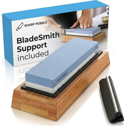 Sharp Pebble Premium Whetstone Knife Sharpening System – 1000/6000 Grit Whetstone Knife Sharpener & Honing Kit with Angle Guide & Non-Slip Bamboo Base – Guided Beginner Instructions