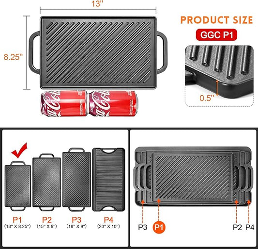 GGC Cast Iron Reversible Grill Griddle，Double Sided Grill Pan Perfect for Gas Grills and Stove Tops, 13 x 8.25 Rectangular Baking Flat and Ribbed Griddle Plate