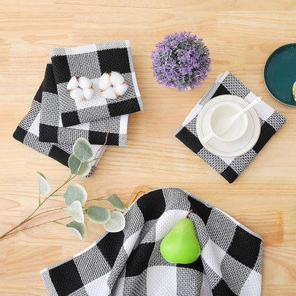 Homaxy Kitchen Towels and Dishcloths Set, 12 x 12 and 13 x 28 Inches, Set of 12 100% Cotton Waffle Weave Check Plaid Kitchen Dish Towels, Super Soft and Absorbent Dish Cloths, White & Black