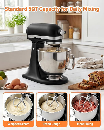 5 QT Food Grade Stainless Steel Mixing Bowl Compatible with KitchenAid Tilt-Head Stand Mixer 4.5-5 Quart, Replacement Kitchen Aid Bowl with Handle & Clasp, Dishwasher Safe